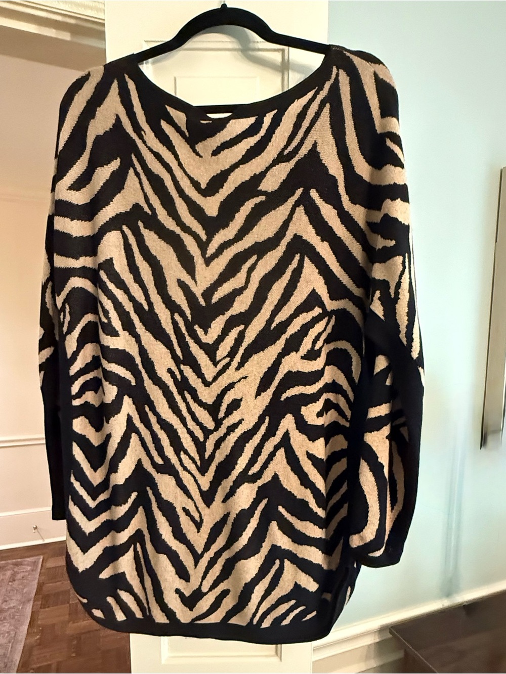 CAbi Zebra-Print Crewneck Sweater in Black and Cream